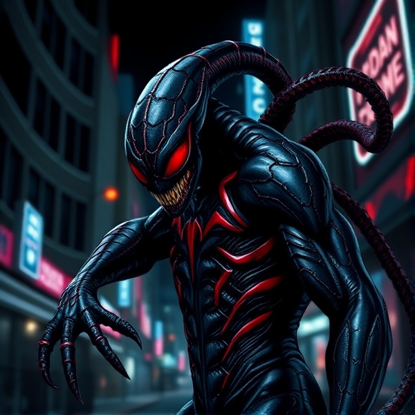 Un symbiote stylisé aux textures complexes, avec des teintes profondes de noir et des accents dynamiques de rouge, se fondant dans une pose menaçante et élégante, sur un fond urbain sombre éclairé par des néons.