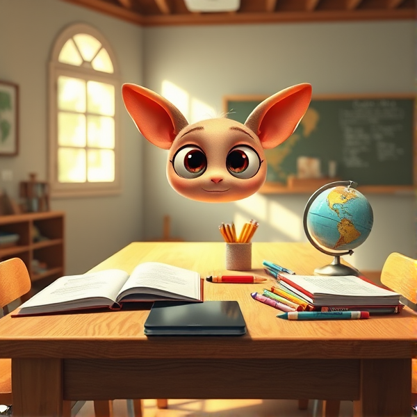 table en bois éclairée par la lumière naturelle de la fenêtre, couverte de fournitures scolaires comme des cahiers ouverts, des stylos, des crayons, une trousse, un globe terrestre et une tablette , dans une salle de classe calme