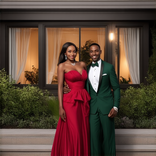 Famille africaine nombreuse et joyeuse, tous en tenues traditionnelles colorées, posant ensemble à l'extérieur. Ils sourient largement devant leur maison spacieuse qui allie élégance et design moderne avec des éléments architecturaux contemporains tels que de grandes baies vitrées et une terrasse épurée. Le cadre est verdoyant avec un jardin soigné autour de la propriété.