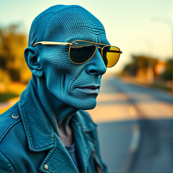 Cool old blues singer with blue lizard scales for skin. Aviator glasses, Standing on a roadway