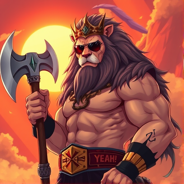 Un lion barbare dieux du soleil, il tien une hache dans la main, avec des poils de lion et une couronne et une carrure imposante et sans collier et avec la ceinture de la wwe le catcheur et ces lunettes de soleil, il a un tatoo sur le bras écris YEAH!
