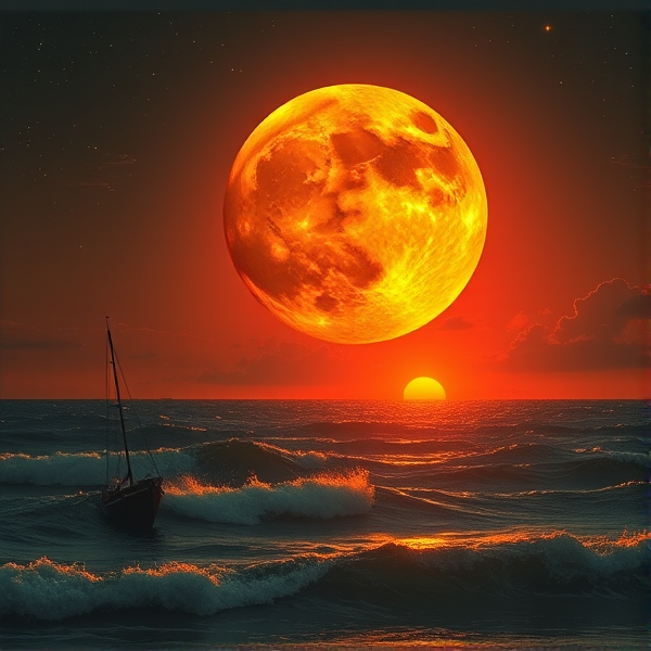 Représentation fantastique de l'illusion lunaire d'une lune rousse gigantesque en perigée à l'horizon émergeant avec une clarté mystérieuse nichée a coté d'un coucher de soleil sur l'océan, illuminés par les étoiles , avec des jeux de lumière et d'ombres accentuant l'illusion d'une scène surréelle