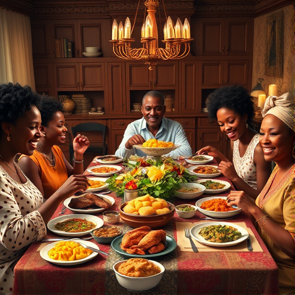 A lively African American big family gathering around a richly adorned dinner table, sharing a traditional soul food meal with dishes such as fried chicken, collard greens, macaroni and cheese, cornbread, and sweet potato pie, all set in a warm and inviting dining room filled with laughter and storytelling
