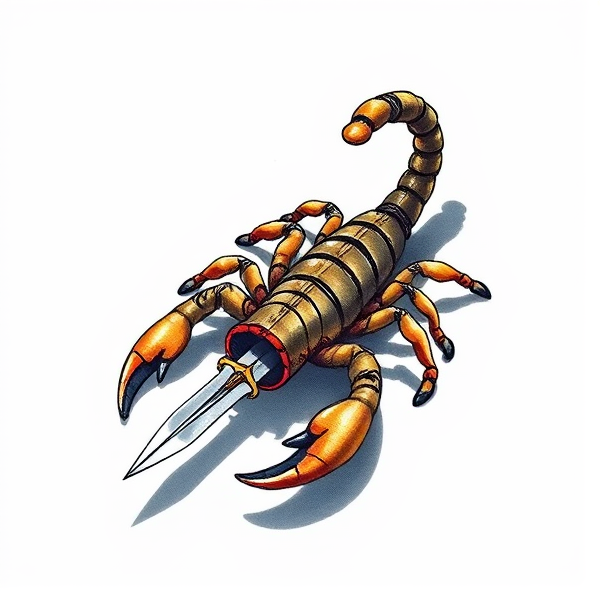 A tattoo of a scorpion holding a dagger with its tail