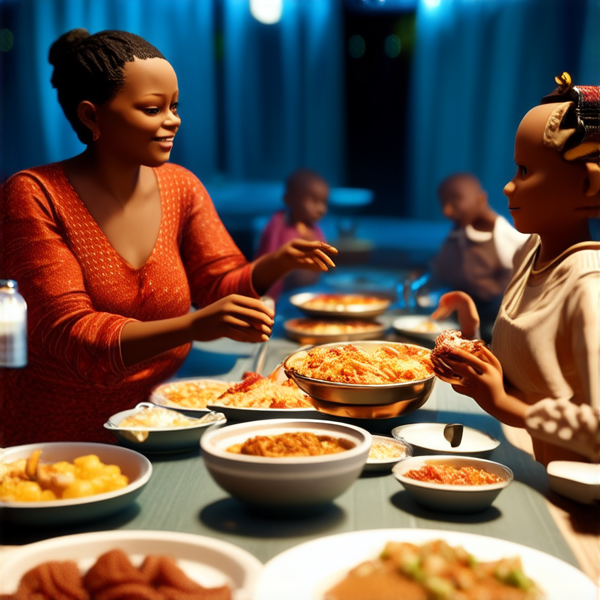 Repas de famille afro-américaine traditionnel, réunis autour d'une grande table avec des plats faits maison typiques
