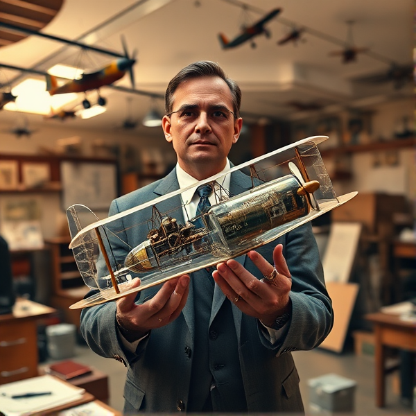 Un ingénieur en costume vintage des années 50 tient délicatement une maquette transparente de style steampunk représentant un avion ancien, symbole de la première ère du vol et maintenant transformé en digital twin avec des engrenages visibles et des lumières intégrées indiquant des flux de données. L'ingénieur semble plongé dans ses souvenirs, émerveillé par la fusion du passé et du présent. En arrière-plan, un bureau d'étude ancien avec des plans éparpillés et des pièces d'avions miniatures suspendues au plafond qui donnent l'impression d'un musée du début de l'aviation baigné par une lumière douce et chaleureuse d'une fin d'après-midi. Le style artistique est réaliste avec une attention particulière aux textures et reflets pour évoquer un sentiment nostalgique. La vue est à hauteur des yeux, capturant le sujet face à nous pour accentuer la connexion émotionnelle entre l'ingénieur et son œuvre