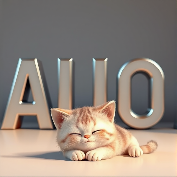 An adorable, fluffy kitten laying on the ground comfortably Infront of, shiny 3D block letters forming the acronym "AUO" with its eyes gently closed and a contented expression