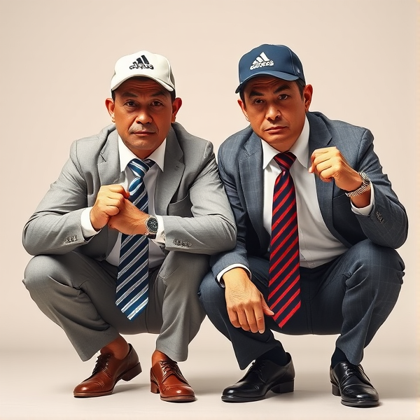 Deux  différents hommes d'affaires japonais puissants mature  accroupis et faché  portant des casquettes Adidas  et des cravates rayées longues  bleue rouge et oreillettes Apple 
Ils sont complices et conquérants , ils dominent 
 , accroupis pas trop et regard fort
Ils sont hypnotisant du regard , amis, complice , envoûtant , charismatique 
Ils se tiennent par les épaules , il fixent l objectif de la caméra