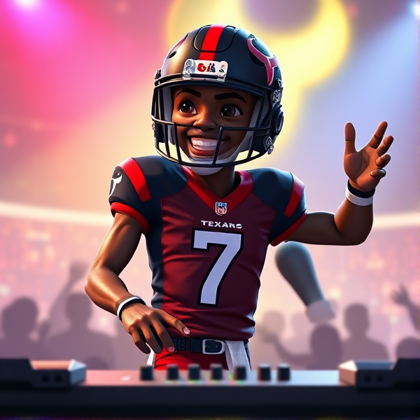 Animated black quarterback wearing number 7 jersey for Houston texans  DJing a  Football theme edm party