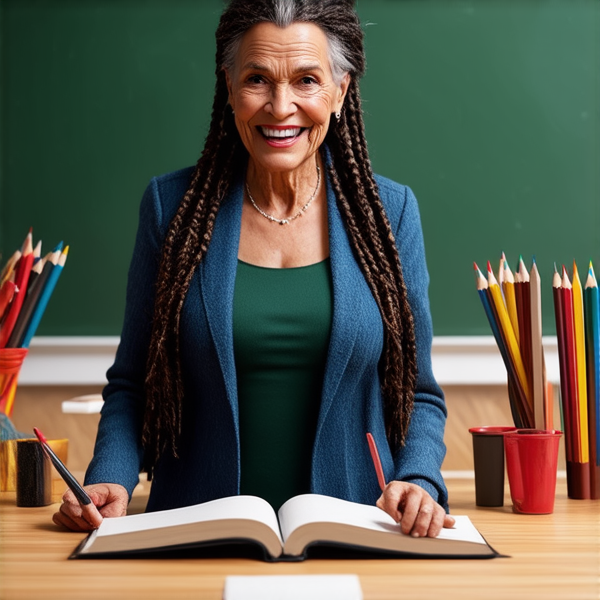 Une vieille  institutrice avec des tresses africaines traditionnelles, vêtue d'un uniforme se tient debout devant un tableau noir dans une salle de classe lumineuse et bien rangée, souriante et prête à enseigner. Elle est entourée d'élèves noirs âgés de 10 ans et de fournitures scolaires typiques comme des livres, des cahiers et des crayons, accentuant son rôle d'éducatrice.