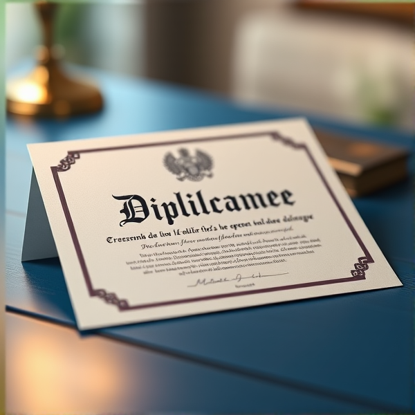 Diplôme écrit en français posé sur une table  bleue