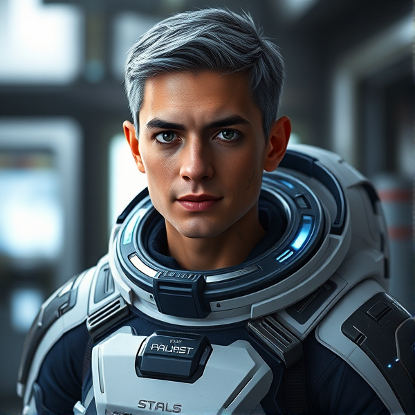 Appearance: Medium build; closely cropped salt-and-pepper hair; dark brown eyes; subtle facial tattoos or marks.
Clothing: High-tech, customizable spacesuit with a white, silver, and navy blue color scheme, featuring glowing elements.