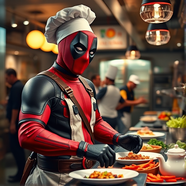 Deadpool clad in a chef outfit, skillfully preparing food in a bustling restaurant