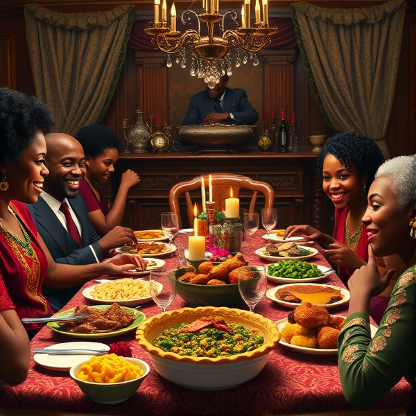 A lively African American family gathering around a richly adorned dinner table, sharing a traditional soul food meal with dishes such as fried chicken, collard greens, macaroni and cheese, cornbread, and sweet potato pie, all set in a warm and inviting dining room filled with laughter and storytelling