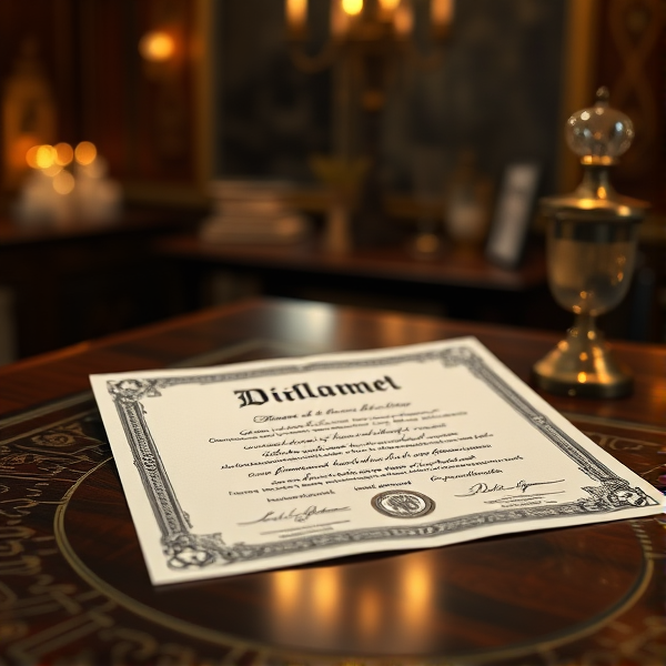 Diplôme écrit en français posé sur une table