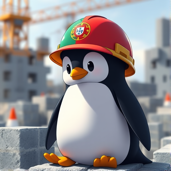 Pingouin dans un chantier avec le drapeau Portugais sur le casque, avec des parpaings