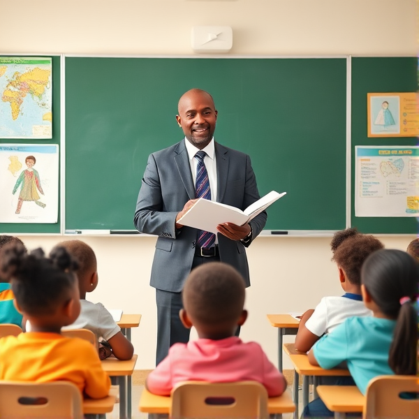 Directeur d'école afro-américain debout tenant un classeur ouvert dans ses mains portant un costume formel, dans une salle de classe avec un tableau vert, s'adressant  à un groupe d'élèves afro-américaines attentives de huit ans assises à leurs pupitres. Ils sont entourés de matériel pédagogique adapté à leur âge, comme des cartes géographiques, des affiches éducatives et des dessins d'enfants accrochés aux murs. La scène dégage une atmosphère chaleureuse et encourageante.