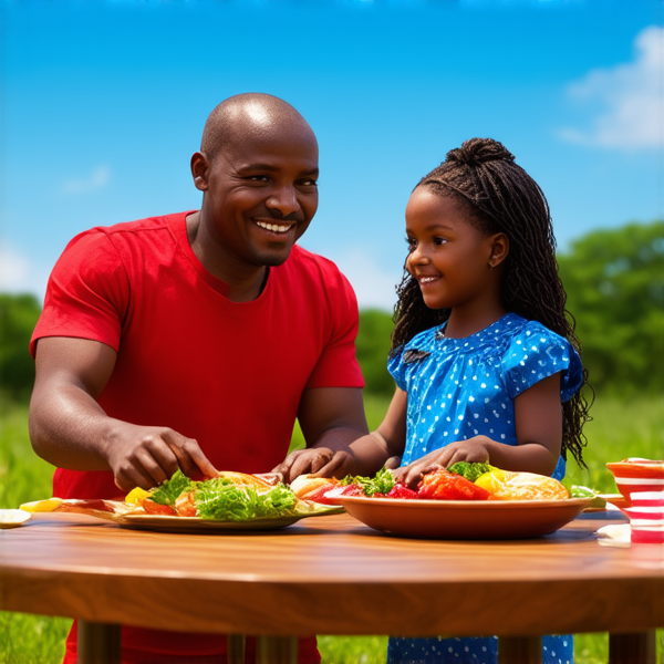 Famille nombreuse souriante réunie autour d'une table rustique en bois garnie de plats traditionnels africains, sous un ciel bleu dans un cadre champêtre avec des arbres et une végétation luxuriante, portant des vêtements africains colorés et variés, échangeant des rires et des conversations chaleureuses