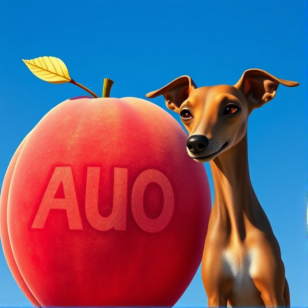 A luscious, oversized peach covered in barely noticeable peach fuzz with the letters "AUO" branded vividly on its sun-kissed, velvety skin. Beside it stands an elegant brown Italian greyhound with a glossy coat and refined posture, ears perked attentively. Both are set against a vibrant clear blue sky backdrop, accentuated by the gentle radiance of the afternoon sun