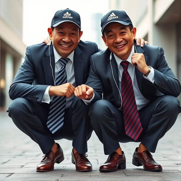 Deux  différents hommes d'affaires japonais puissants mature  accroupis et faché  portant des casquettes Adidas  et des cravates rayées longues  bleue rouge et oreillettes Apple 
Ils sont complices et conquérants , ils dominent 
 , accroupis pas trop et regard fort

Ils sont hypnotisant du regard , amis, complice , envoûtant , charismatique 
Ils se tiennent par les épaules , il fixent l objectif de la caméra, souriant 

Vue contreplongée
Vue contreplongée