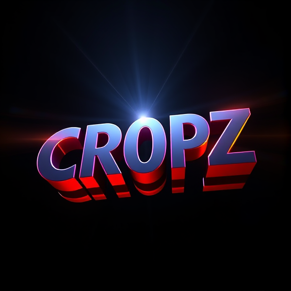 Highly detailed, high-contrast 3D logo of "CROPZ" envisioned in an ultra-modern, sleek, stylish sans-serif and emboldened typography that appears to dynamically burst forward from a pitch-black background. The logo is expertly lit by strategically placed, radiant beams emanating from the Capcut app icon which casts dramatic shadows and highlights across its surface. This logo design boasts avant-garde curves that merge sharp edges with flowing contours, giving it a cutting-edge look that suggests both speed and fluidity. The surfaces are rendered with a smooth metallic sheen that captures and reflects light brilliantly, contributing to an exhilarating sense of movement and energy.

This piece draws inspiration from the breathtaking visual style characteristic of Pixar animations, showcasing razor-sharp lines intertwined with pronounced geometric shapes. A kaleidoscope of rich, vivid colors enhances the composition, complemented by lustrous glossy finishes that lend depth and sophistication to the imagery. For textural realism and intricate detail, rendering techniques mirroring the lifelike quality of Unreal Engine's graphics prowess are employed alongside Octane Engine's accelerated ray tracing capabilities for striking reflections and V-Ray's global illumination for subtle gradations of light.

The overall aesthetic reaches beyond mere realism into an extravagantly surreal realm with science fiction undertones—each element purposefully exaggerated to captivate and hold the viewer's gaze. The end result is an artistic manifestation that refuses to be overlooked; it is boldly extravagant without any pretense of subtlety or minimalism.