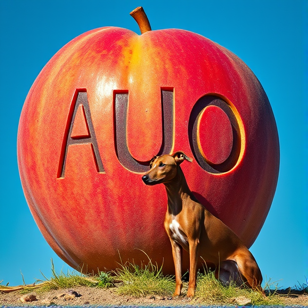 Big ripe peach in the landscape with the letters "AUO" carved out. with a sleek brown Italian greyhound perched alongside, set against a clear blue sky.