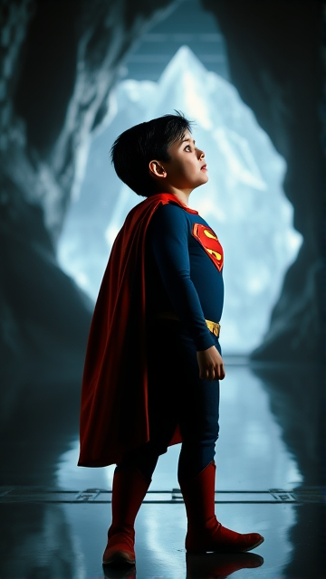 1990's Cinematic Movie Scene: Jon Kent, AKA Superboy, the young little 12-year old super son of Superman, and the first kid to be born as the world's first Half-Kryptonian child. Despite being a kid, he has all of his father's powers, with an extremely muscular body, the iconic costume, the singular curled bang sticking out at the front of his flat and smooth black hair, and a long cape. The young little Half-Kryptonian kid, Jon Kent, now Superboy, stands in his secret icy crystal lair in the Arctic, the Fortress Of Solitude, talking to the apparitions of his ancient Kryptonian ancestors for help, information, and guidance to his destiny.