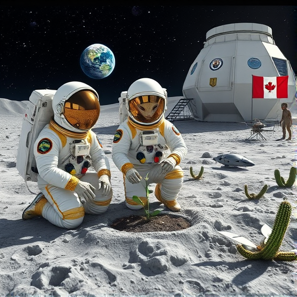 Trois astronautes donc une extraterrestre à cheveux long dépassant du casque  ,vêtus de combinaisons spatiales  blanches et or et perlées, avec des détails finement ouvragés et des accents chromés brillants, portent des écussons distinctifs sur leurs uniformes. Ils s'agenouillent sur le sol lunaire gris texturé, entourés par des reflets miroitants dus à la surface réfléchissante de leurs équipements. Un extraterrestre géant amical à la peau iridescente se tient à leurs côtés, captant les étincelles stellaires du cosmos. L'un des astronautes se consacre minutieusement à planter des graines de pavot dans un substrat riche au sein d'un biodôme lunaire transparent avec système hydroponique avancé et éclairage artificiel simulant le spectre solaire pour la photosynthèse terrestre. Les visières volumineuses et réfléchissantes des casques d'astronautes montrent le paysage lunaire avec précision tandis que les gants tactiles manœuvrent divers outils spécialisés. En arrière-plan, un module lunaire stylisé arbore l'emblème du Québec, alors que la Terre flotte majestueusement avec des teintes naturelles en toile de fond. Des instruments scientifiques hautement précis parsement le site: capteurs environnementaux, moniteurs de croissance végétale dotés d'intelligence artificielle et panneaux solaires flexibles. Un fanion du Manchester City Football Club est placé non loin du module habitable comme symbole du lien entre sport et sciences spatiales. Le relief accidenté présente cratères marqués et monticules lunaires contrastant avec les infrastructures humaines sur ce territoire extraterrestre. Une lumière douce et diffuse baigne cette scène sous un ciel nocturne étoilé où constellations sont dessinées avec exactitude dans un gradient allant du noir profond au bleu outremer vibrant. Près du biodôme flotte un drapeau acadien tandis qu’un vaisseau spatial extraterrestre est visible aux côtés d'autres créatures venues d'ailleurs accompagnées d'un drone technologiquement avancé; tous sont rassemblés près du site où flotte également un fanion représentatif de la province de Québec, sans oublier plusieurs cactus lunaires autour ajoutant une touche organique à cette colonie cosmique accueillante