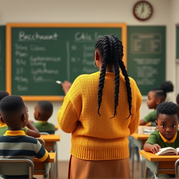 Une enseignante noire âgée de quarante ans coiffée de tresses africaines traditionnelles, portant un pull jaune  se tient le dos tourné en train d'y écrire à la craie blanche au tableau dans une salle de classe avec des élèves noires agés de huit ans.