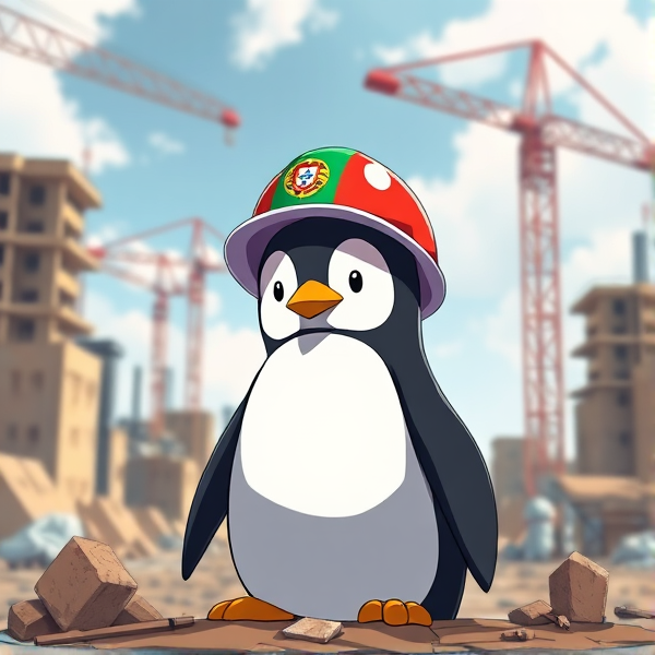 Pingouin dans un chantier avec le drapeau Portugais sur le casques