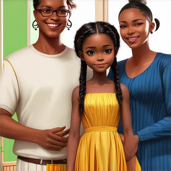 jolie petite fille noire de 8ans en robe avec des tresses africaines avec son pere et sa mere à la maison