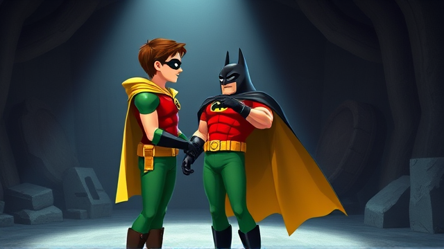 Movie Scene: A medium, preteen 12-year old boy with light skin and dark brown hair named Connor Bardley, but dressed as Robin, The Boy Wonder, with an extremely muscular body, a sleek green suit with a red torso with a black circle with a yellow R symbol on his left pectoral, a gold utility belt, black boots, black long-cuffed gloves, a big, heel-length, ultra-wide collared cape that's black on the outside and yellow on the inside, and a black eye mask, standing in the Bat Cave, where he meets Batman for the first time, where they shake hands and officially team up.