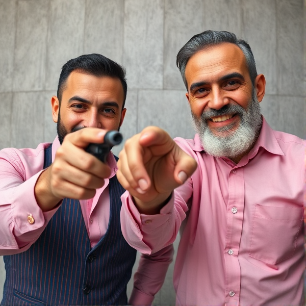 Deux hommes d'affaires seniors marocains barbus accroupis, portant des cravates longues à rayures bleutées et rouges, fixent l'objectif avec assurance tout en tenant une seringue pointée cruellement vers unetête hors du champ de vision. La scène est capturée en contre-plongée pour accentuer leur domination. Ils portent des chemises roses foncées et arborent un sourire léger.

Chemise rose