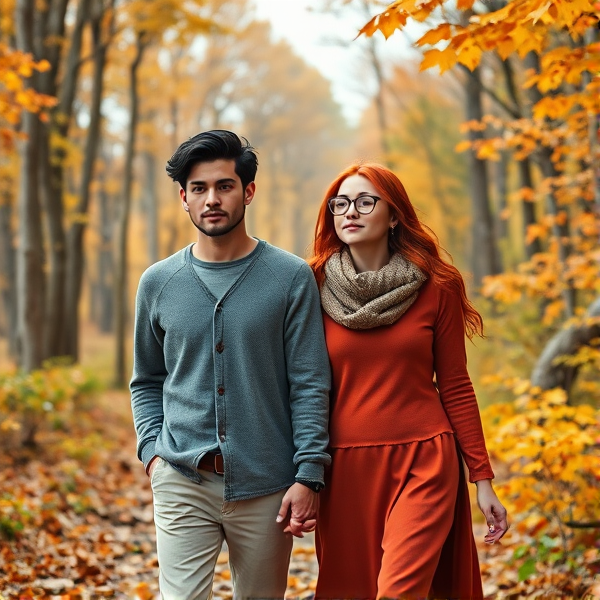 Black haired Caucasian male manga angel and red haired Caucasian female manga angel wearing glasses, hold hands walking in an Autumn forest