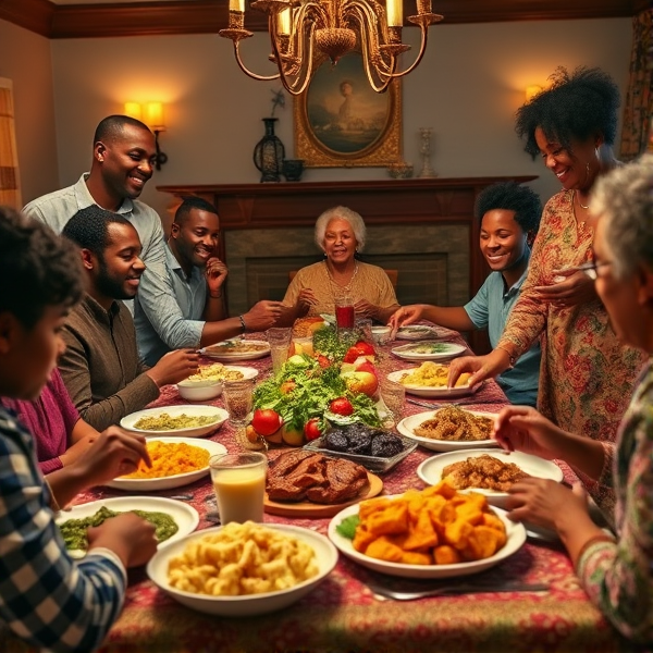 A lively African American big family gathering around a richly adorned dinner table, sharing a traditional soul food meal with dishes such as fried chicken, collard greens, macaroni and cheese, cornbread, and sweet potato pie, all set in a warm and inviting dining room filled with laughter and storytelling