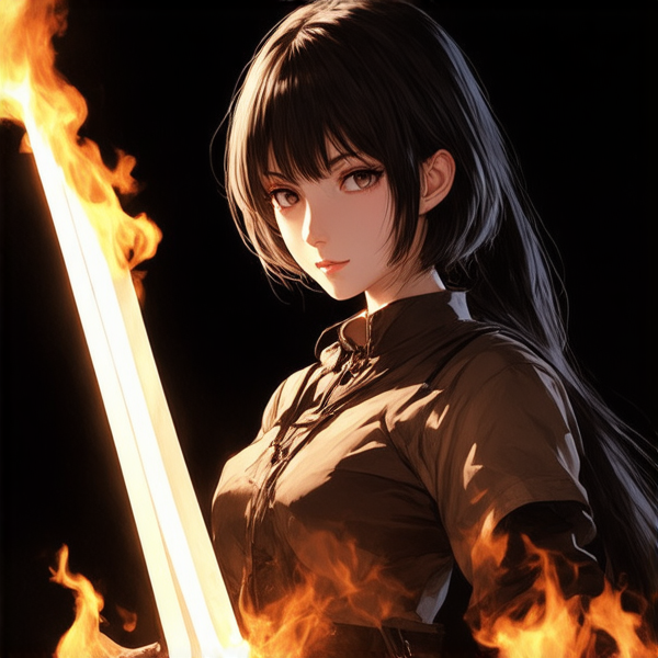 Seulement une épée longue européene à double tranchant représentant l'élément du feu placée verticalement, pommeau vers le haut. Vue d'ensemble.