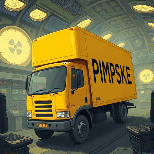 all yellow moving truck that says the word "PIMPSKE" ON THE SIDE of trailer, black driver waving out window, truck is driving into heaven