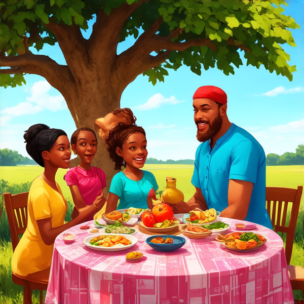 prompt: Un grand repas de famille traditionnel en plein air sous un baobab en Afrique, avec des plats locaux colorés et variés, des fruits exotiques, une grande nappe colorée, des hommes et femmes africains vêtus de tenues traditionnelles multicolores souriants et partageant un moment convivial