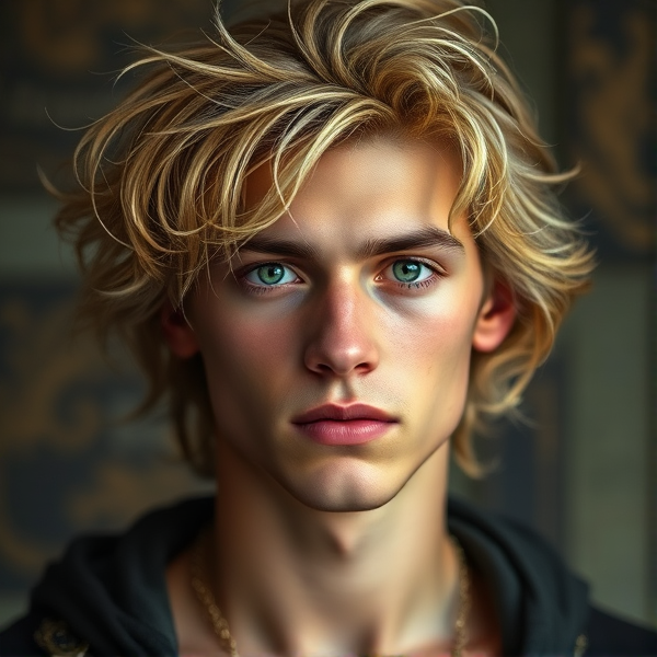 19 year old prince with messy golden hair, sharp facial features, and emerald eyes. He lives in Norway