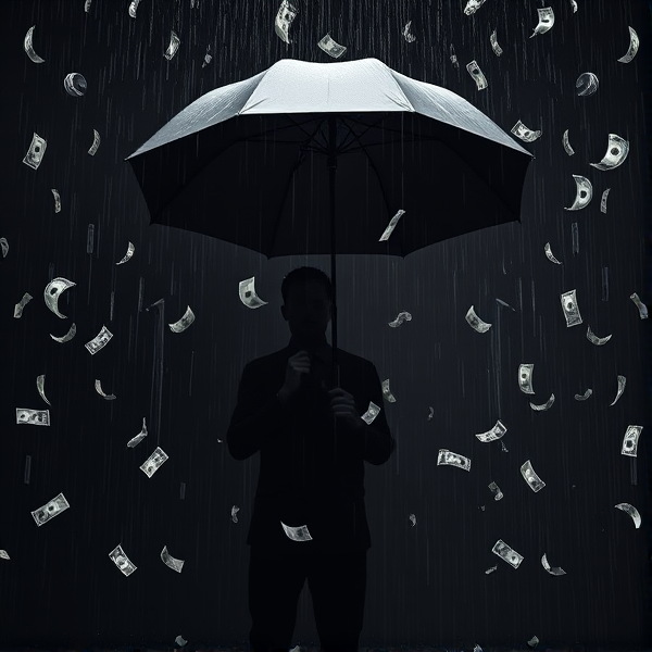 Black guy standing in a black room holding an umbrella while it rain 100 dollar bills