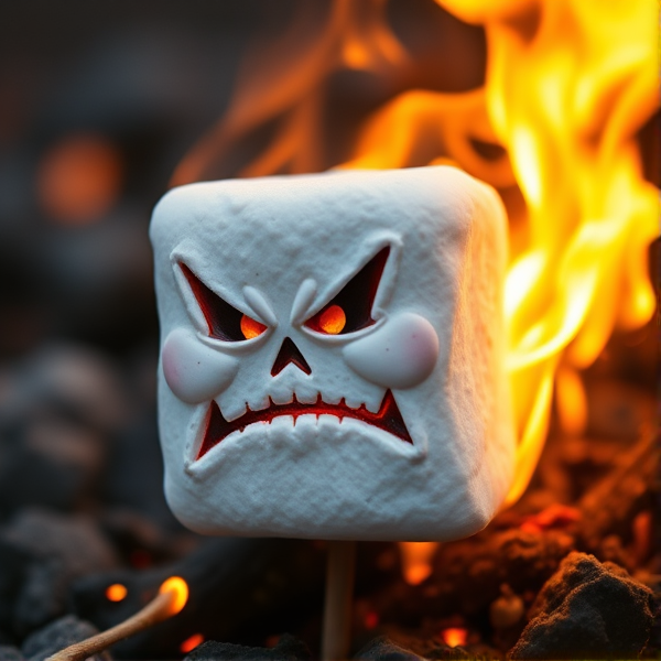 angry marshmallow on fire with a face