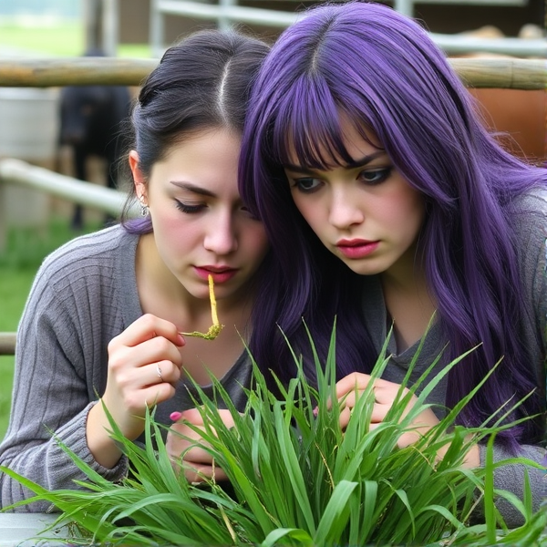 Sad women with purple hair eating grass in a pen.