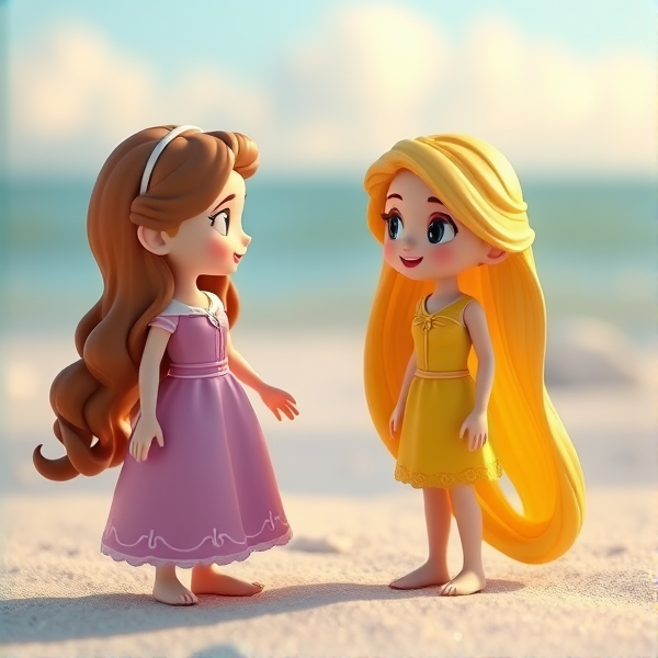 Deux filles : Belle et Raiponce sont sur une plage et discutent ensemble elles sont très heureuses