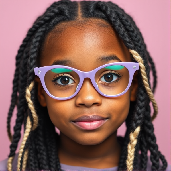 Generate a photo that has a 5th grade girl with medium light brown skin and lavender cat eye glasses. Her hair is in box braids and are mostly black but some of the braids are platinum blonde and scattered. Her eyes are brown and her head is round. She doesn’t have dimples but an energetic look