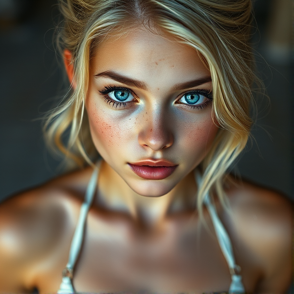 Realistic blonde teen, big blue eyes, a few light freckles, full front body view in bikini