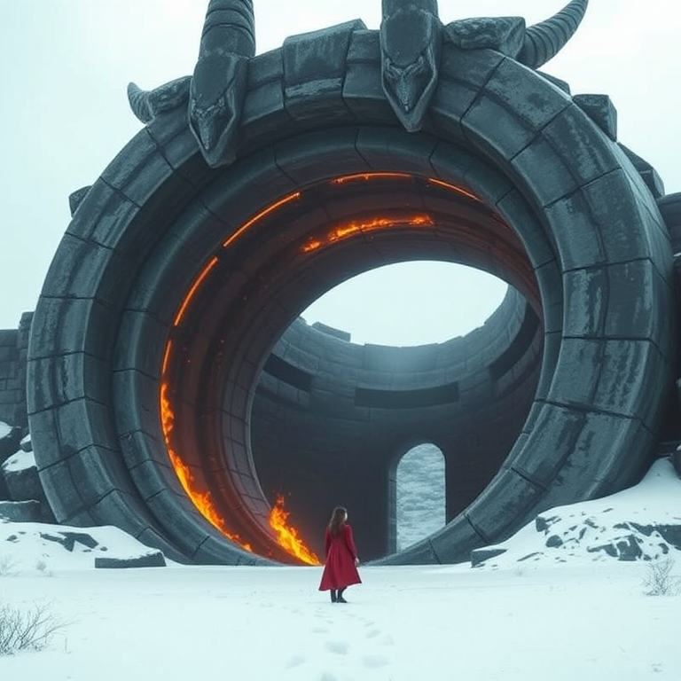 A fantasy movie still of an enormous ancient circular stone gate with thick horns. The mouth is wide open and filled with fire, as if it was designed for fiery creatures. A small woman wearing red stands in front of the entrance, looking up at its height. The landscape is snow-covered, with a white sky. The scene is cinematic and epic.