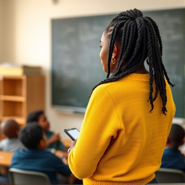 Une enseignante noire âgée de quarante ans coiffée de tresses africaines traditionnelles, portant un pull jaune  se tient le dos tourné en train d'y écrire à la craie blanche au tableau dans une salle de classe avec des élèves noires agés de huit ans.