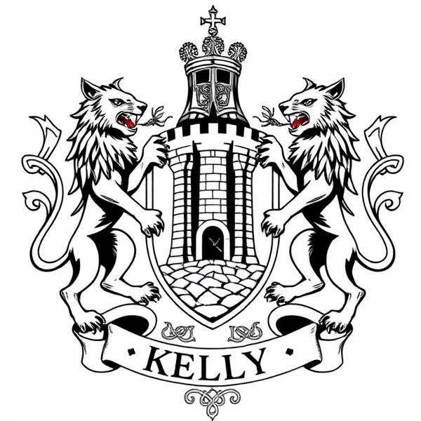 Elaborate heraldic emblem of the Celtic Kelly family crest, featuring a central shield with a detailed castle tower, flanked by two regal lions in rampant posture as supporters and holding a chain between them, the castle tower and lions are inside the shield. all elements enclosed within an ornate mantling and filigree. A banner below that says Kelly. A knights helmet above the shield. Celtic knot work
