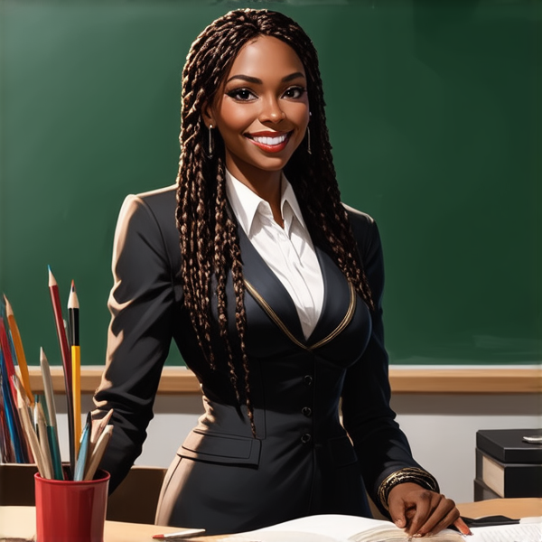 Une institutrice africaine élégante de 50 ans avec des tresses africaines traditionnelles, vêtue d'un uniforme se tient debout devant un tableau noir dans une salle de classe lumineuse et bien rangée, souriante et prête à enseigner. Elle est entourée d'élèves noirs âgés de 10 ans et de fournitures scolaires typiques comme des livres, des cahiers et des crayons, accentuant son rôle d'éducatrice.