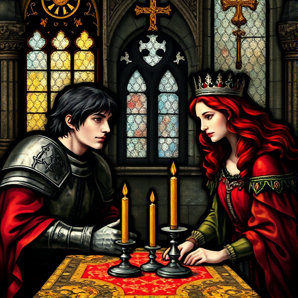 Medieval stained glass of a black haired Caucasian teenage male knight sneering at a Red haired teenage Arthurian princess sitting at a feast table in the royal hall